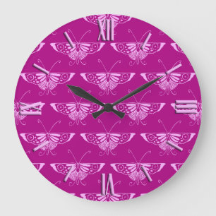 Stylized Deco butterfly  - magenta and pink Large Clock