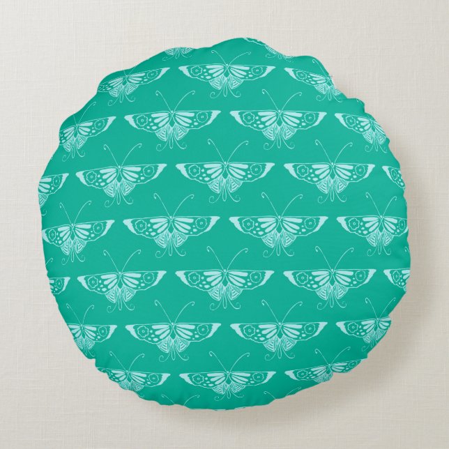 Stylized Deco butterfly  - turquoise and aqua Round Pillow (Back)