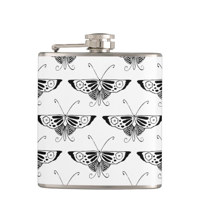 Stylized Deco butterfly  - white and black Flask (Front)