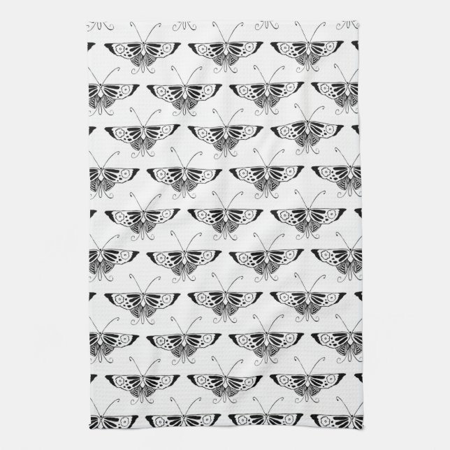 Stylized Deco butterfly  - white and black Towel (Vertical)