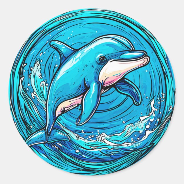Stylized Dolphin Swimming in Vibrant Blue Waves Classic Round Sticker (Front)