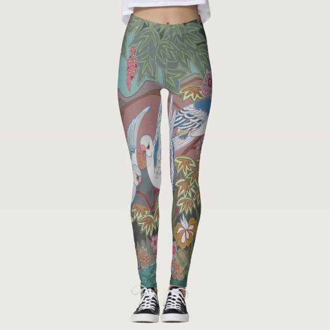 Stylized Doves in Blooming Garden Leggings (Front)