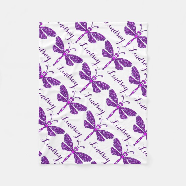 Stylized dragonfly purple name patterned blanket (Front)