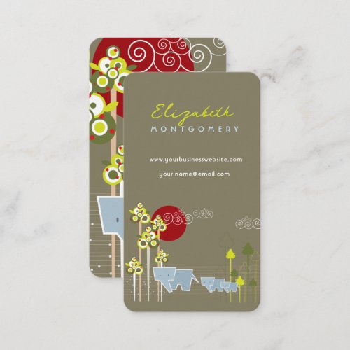 Stylized Elephants Family In The Forest  Red Sun Business Card