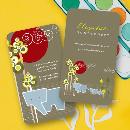 Whimsical Cute Elephant Family In Forest Trees Sun Business Card Templates