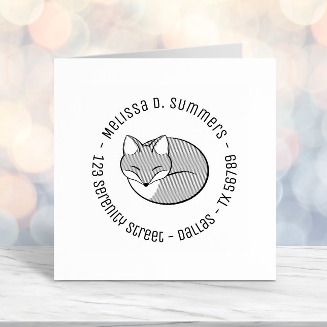 Stylized Etched Sleeping Fox Round Address 2 Self-inking Stamp (Creator Uploaded)