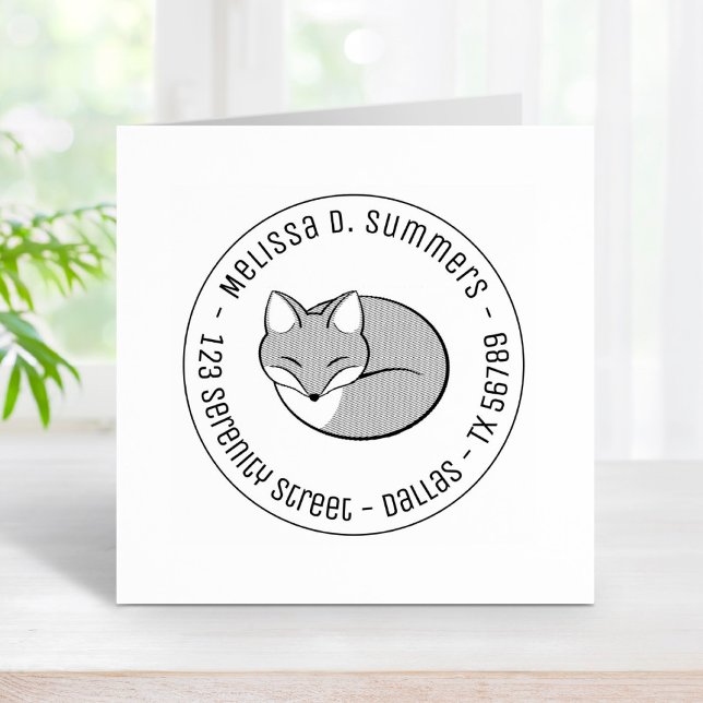 Stylized Etched Sleeping Fox Round Address 3 Rubber Stamp (Creator Uploaded)