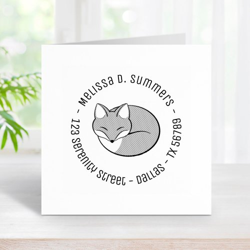 Stylized Etched Sleeping Fox Round Address 4 Rubber Stamp