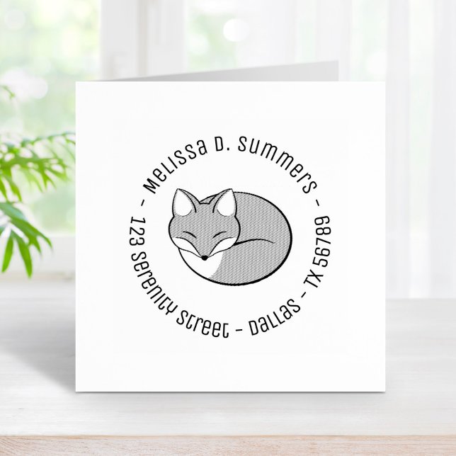 Stylized Etched Sleeping Fox Round Address 4 Rubber Stamp (Creator Uploaded)
