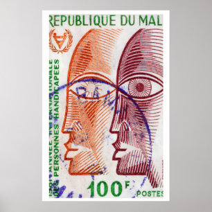 Stylized Faces Mali 1980s Postage Stamp - Vintage Poster