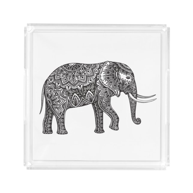 Stylized Fantasy Elephant Doodle Acrylic Tray (Front)
