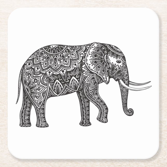 Stylized Fantasy Elephant Doodle Square Paper Coaster (Front)