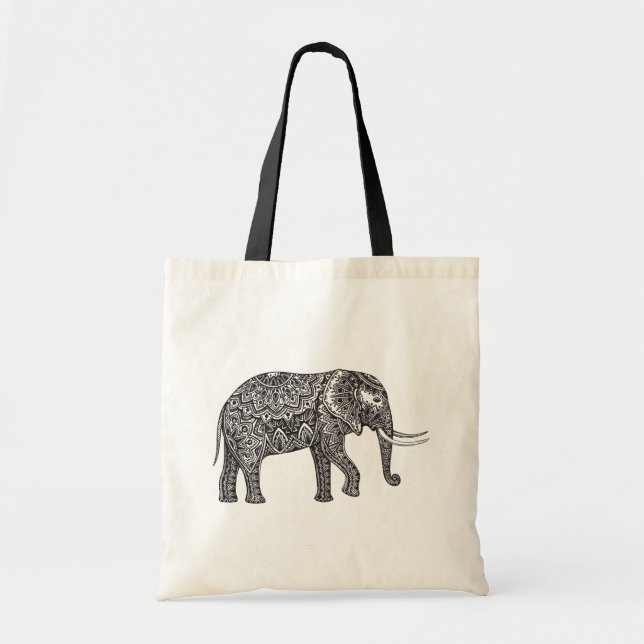 Stylized Fantasy Elephant Doodle Tote Bag (Front)