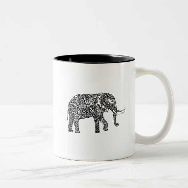 Stylized Fantasy Elephant Doodle Two-Tone Coffee Mug (Right)
