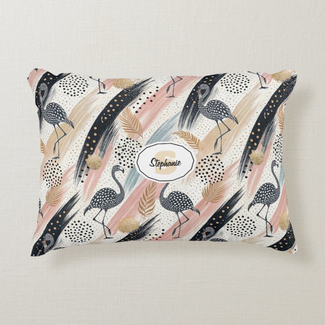 Stylized Flamingo & Brushstroke Pattern Accent Pillow (Front)