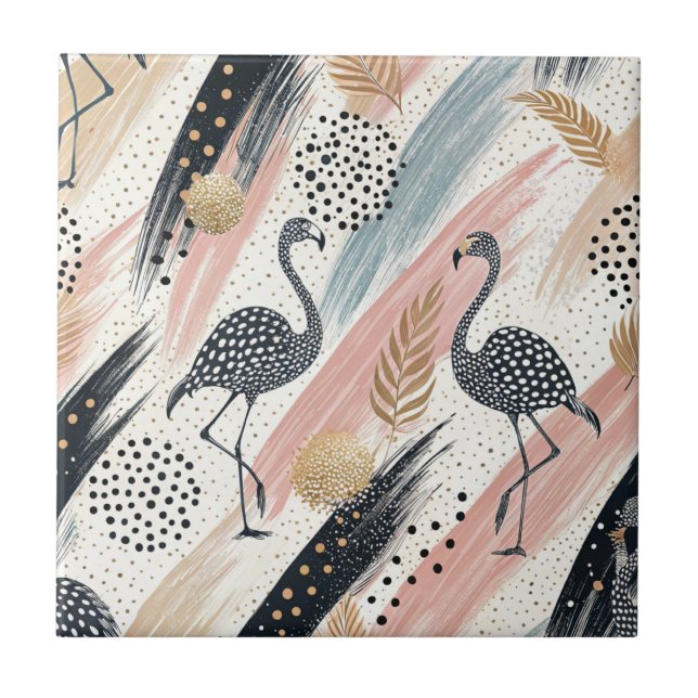 Stylized Flamingo & Brushstroke Pattern Ceramic Tile (Front)
