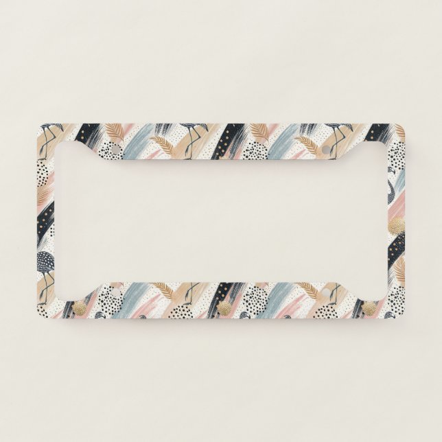 Stylized Flamingo & Brushstroke Pattern License Plate Frame (Front)