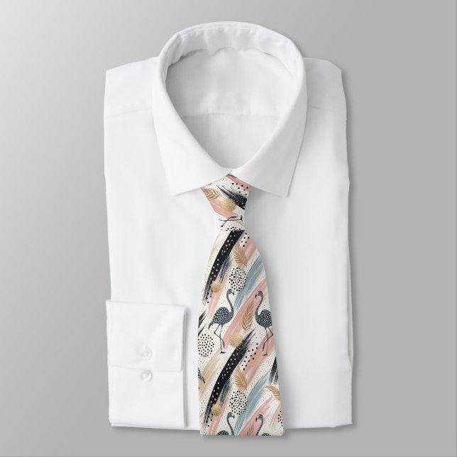 Stylized Flamingo & Brushstroke Pattern Neck Tie (Tied)
