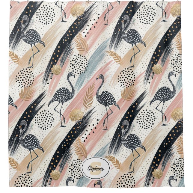 Stylized Flamingo & Brushstroke Pattern Shower Curtain (Front)