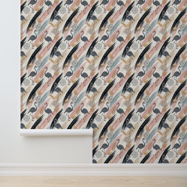Stylized Flamingo & Brushstroke Pattern Wallpaper (Application)