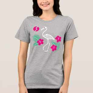 Stylized Flamingo Skeleton with Tropical Flowers Tri-Blend Shirt