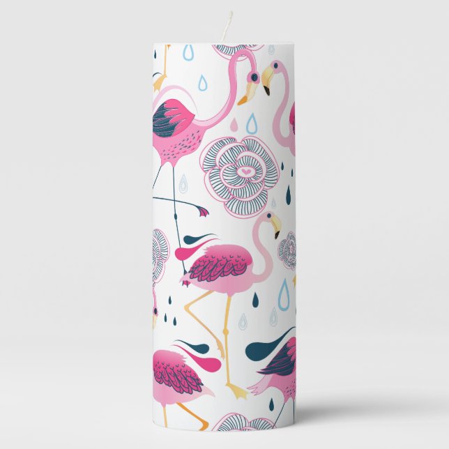 Stylized Flamingos & Tropical Flowers Pattern Voti Pillar Candle (Front)