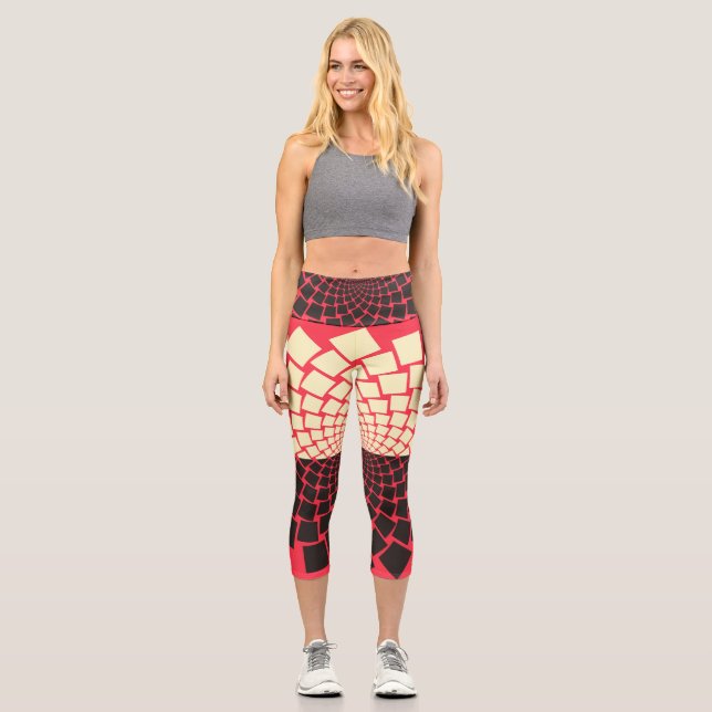 Stylized Flower: Black Red Ivory Capri Leggings (Front)
