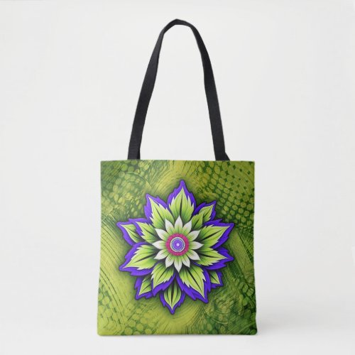 Stylized Flower on Swirling Green Pattern Tote Bag