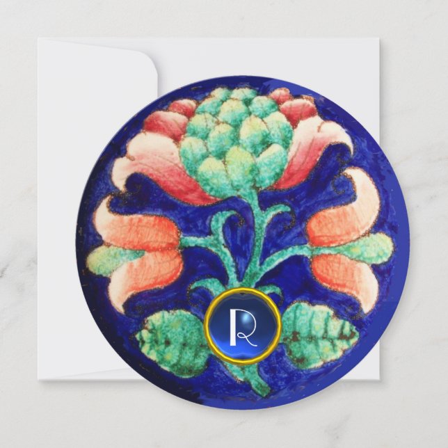 STYLIZED FLOWER/ PINK GREEN BLUE GEM MONOGRAM INVITATION (Front)