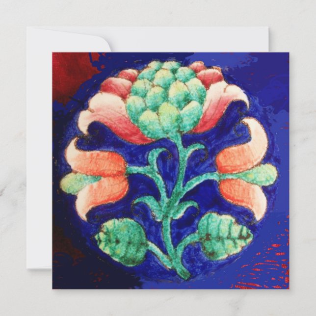 STYLIZED FLOWER/PINK RED GREEN ORANGE BLUE FLORAL INVITATION (Front)