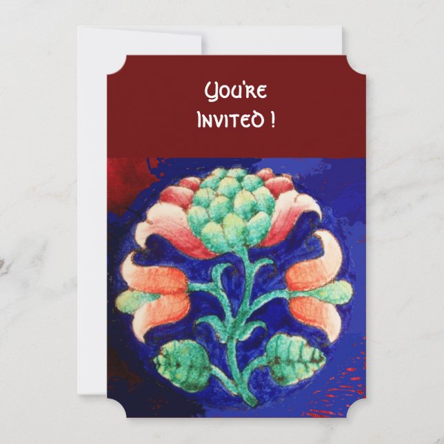 STYLIZED FLOWER/PINK RED GREEN ORANGE BLUE FLORAL INVITATION (Front)