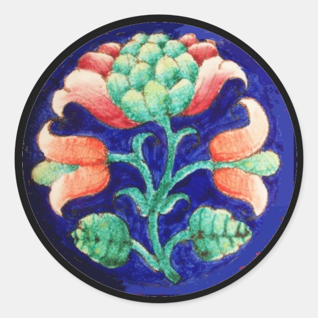STYLIZED FLOWER/ RED PINK GREEN BLUE FLORAL CLASSIC ROUND STICKER (Front)