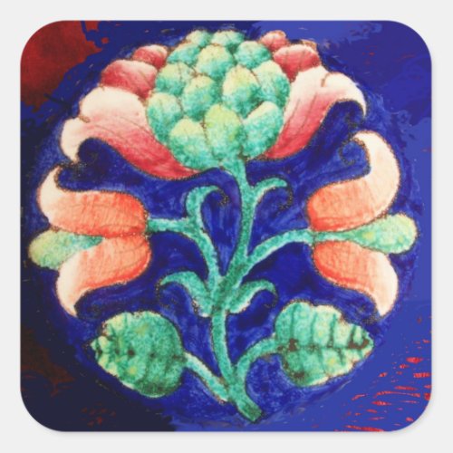 STYLIZED FLOWER RED PINK GREEN BLUE FLORAL SQUARE STICKER