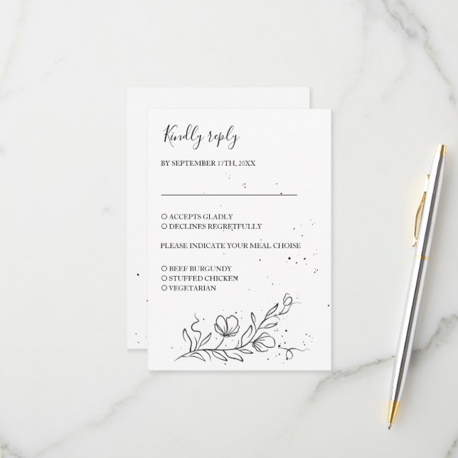 Stylized flowering branch and drops of ink RSVP card (Front/Back In Situ)