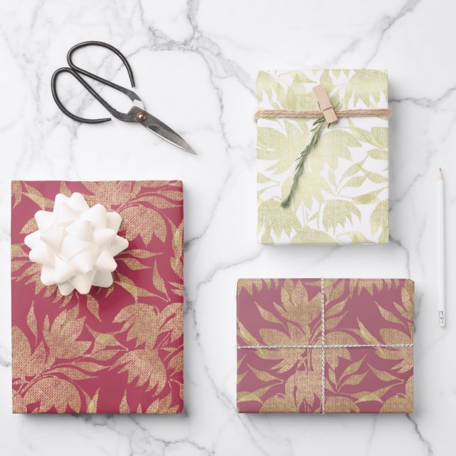 Stylized Flowers Art Deco Burgundy Wrapping Paper Sheets (Front)