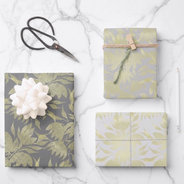 Stylized Flowers Art Deco Golden and Gray Wrapping Paper Sheets (Front)
