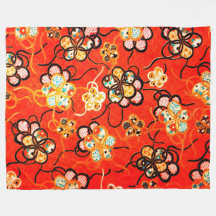 STYLIZED FLOWERS ,BLACK WHITE RIBBONS BRIGHT RED FLEECE BLANKET