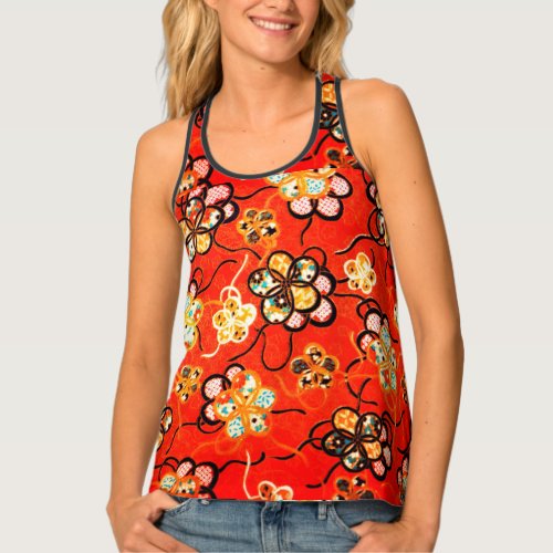STYLIZED FLOWERS BLACK WHITE RIBBONS  BRIGHT RED  TANK TOP