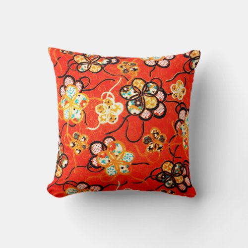 STYLIZED FLOWERS BLACK WHITE RIBBONS  BRIGHT RED THROW PILLOW