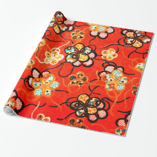 STYLIZED FLOWERS ,BLACK WHITE RIBBONS BRIGHT RED WRAPPING PAPER