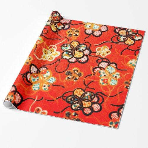 STYLIZED FLOWERS BLACK WHITE RIBBONS  BRIGHT RED WRAPPING PAPER