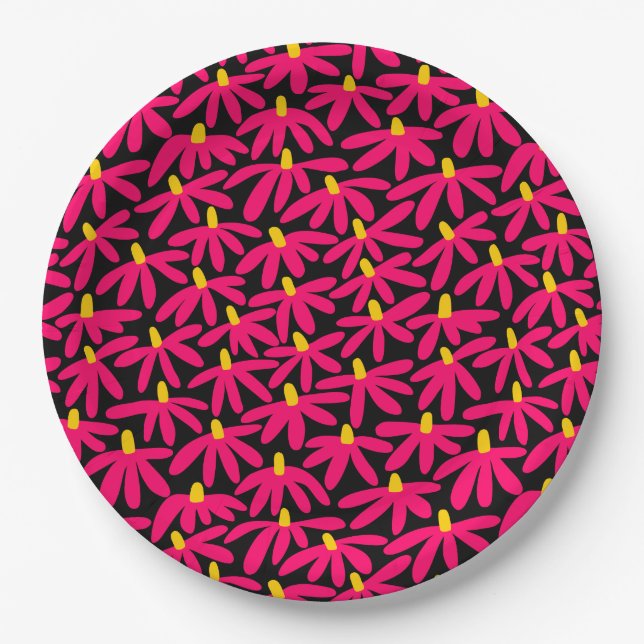 Stylized Flowers - Crimson and Amber on Black Paper Plates (Front)