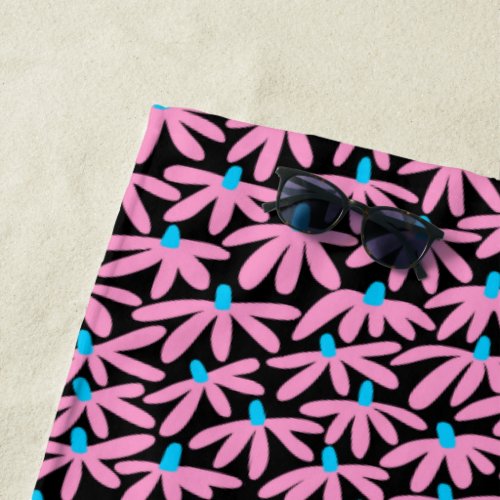 Stylized Flowers _ Pink Sky Blue and Black Beach Towel