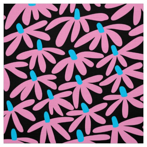 Stylized Flowers - Pink, Sky Blue and Black Fabric