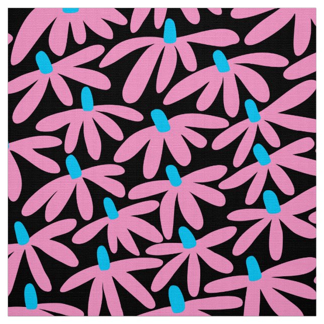 Stylized Flowers - Pink, Sky Blue and Black Fabric (Swatch)