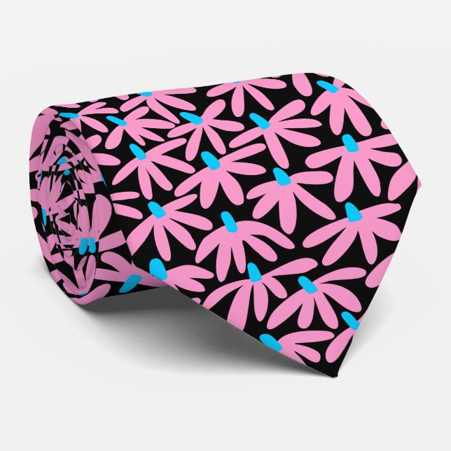 Stylized Flowers - Pink, Sky Blue and Black Neck Tie (Rolled)