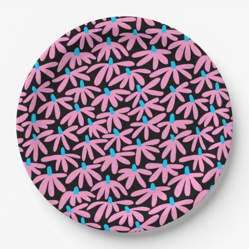 Stylized Flowers _ Pink Sky Blue and Black Paper Plates