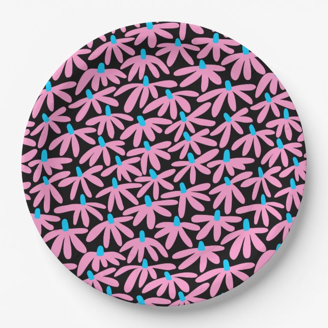 Stylized Flowers - Pink, Sky Blue and Black Paper Plates (Front)