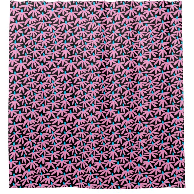 Stylized Flowers - Pink, Sky Blue and Black Shower Curtain (Front)