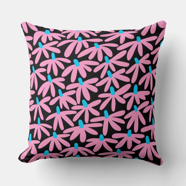 Stylized Flowers - Pink, Sky Blue and Black Throw Pillow (Front)